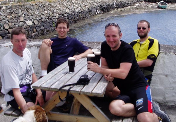 Bunaw Harbour, the team enjoys a pint of Guinness.